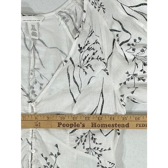 H&M Crop Top Size XS White Floral Deep Vneck Balloon Sleeves Linen Blend - Picture 8 of 9